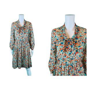 Vintage 1980s Silk Shirtdress Necktie Red Orange Blue Artistic Printed Dress